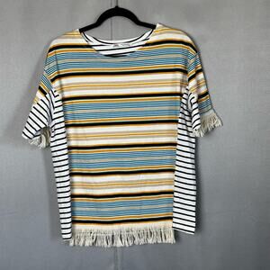 Women's Zara Striped Mixed Media T Shirt- Fring Hem- Black Yellow White Size M